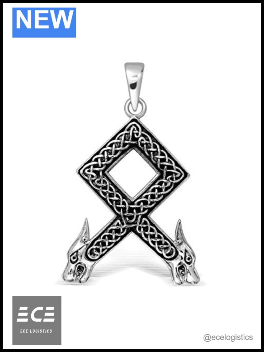 925 Sterling Silver Othala Wolf Head Viking Rune Pendant Necklace